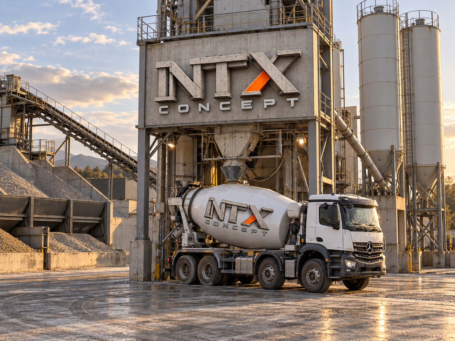 Imagine ilustrativă: stație de betoane NTX și autobetonieră cu logo NTX, la încărcare